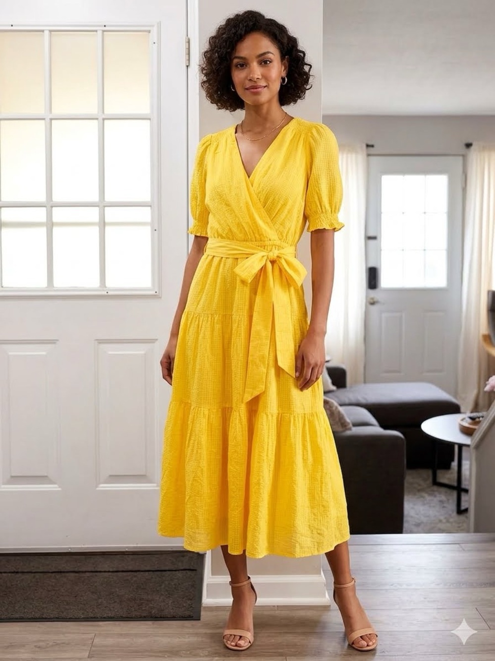 Lauren  ralp lauren Women's Yellow Wrap Midi Dress with Tie Waist